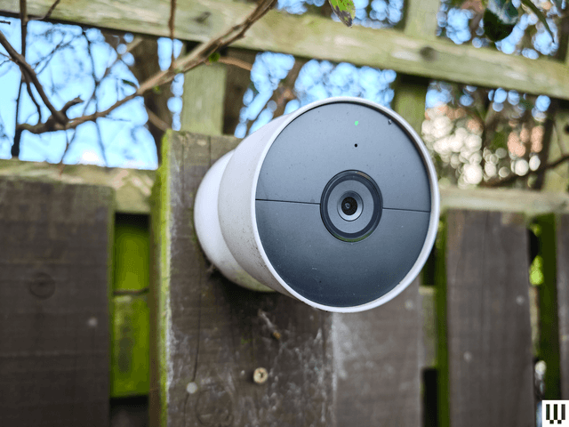 Google Nest Cam Battery outdoor security camera mounted on wall