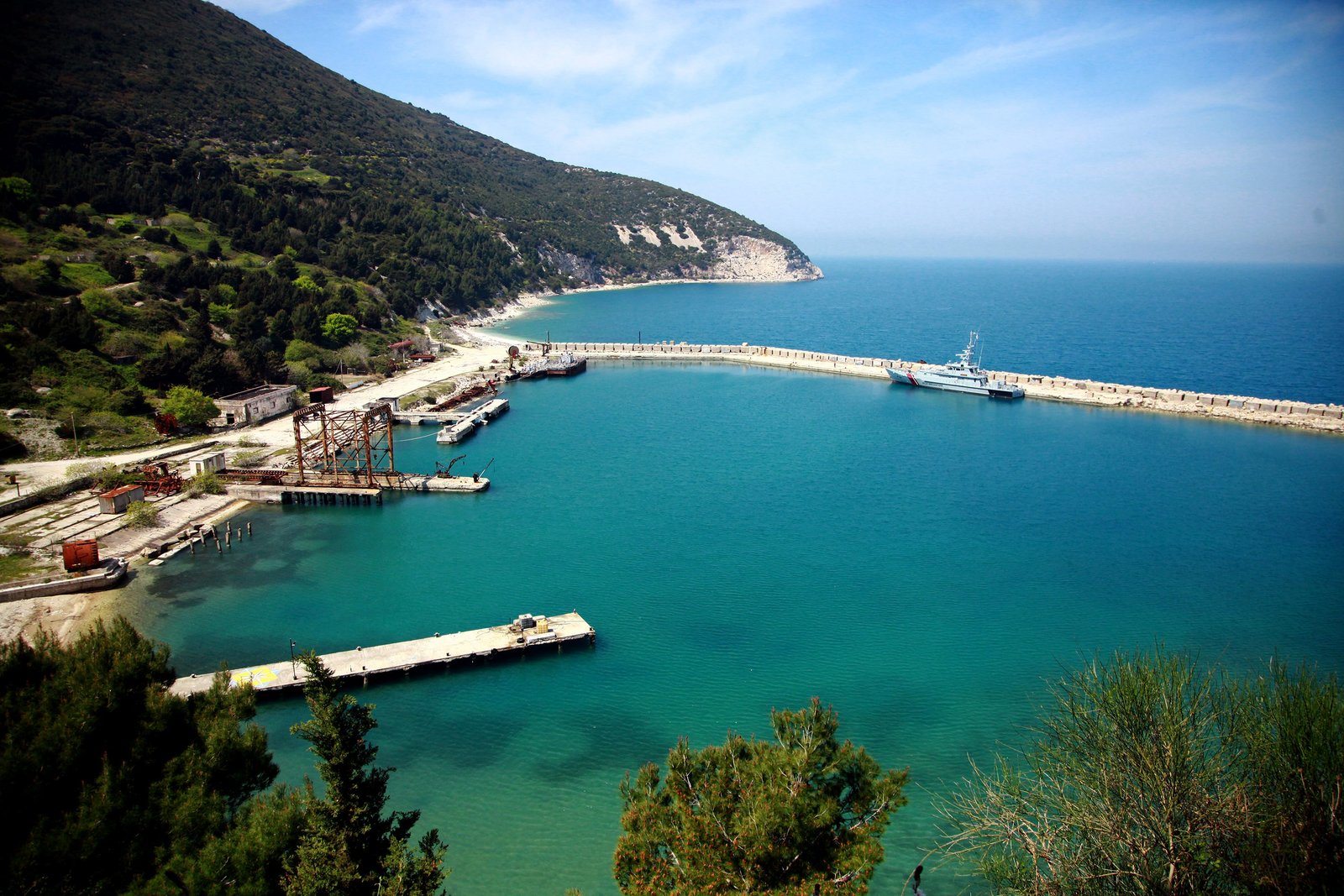 view overlooking harbor on Sazan Island showing undeveloped coastline