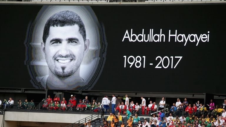 London Stadium screen displaying tribute message honoring Abdullah Hayayei during IPC World ParaAthletics Championships