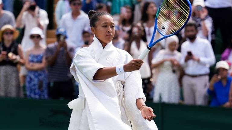 Naomi Osaka wearing kimono-style dress at Wimbledon