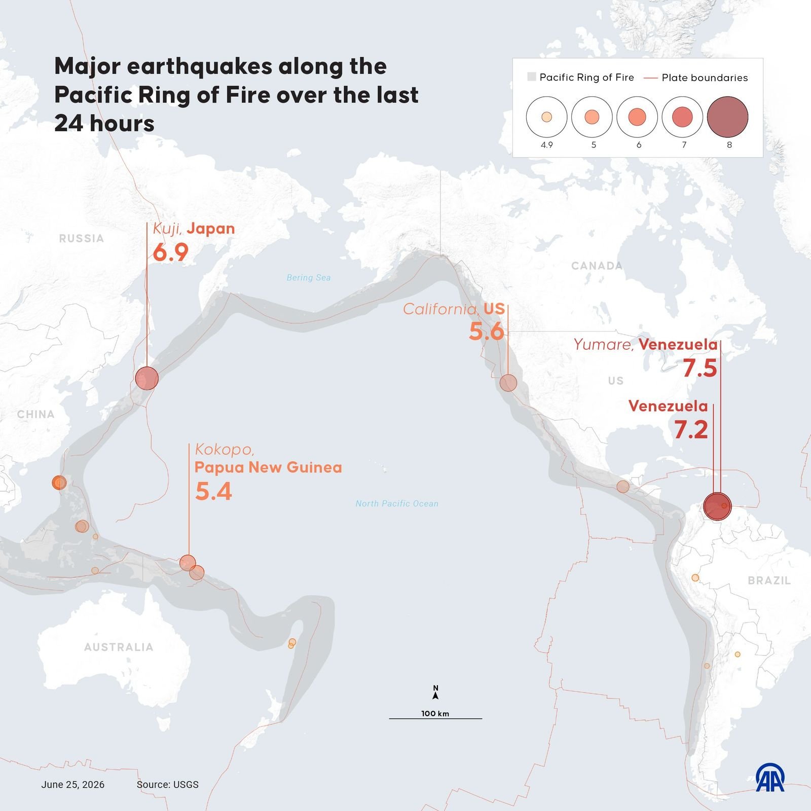 Map illustrating recent earthquake activity around Venezuela