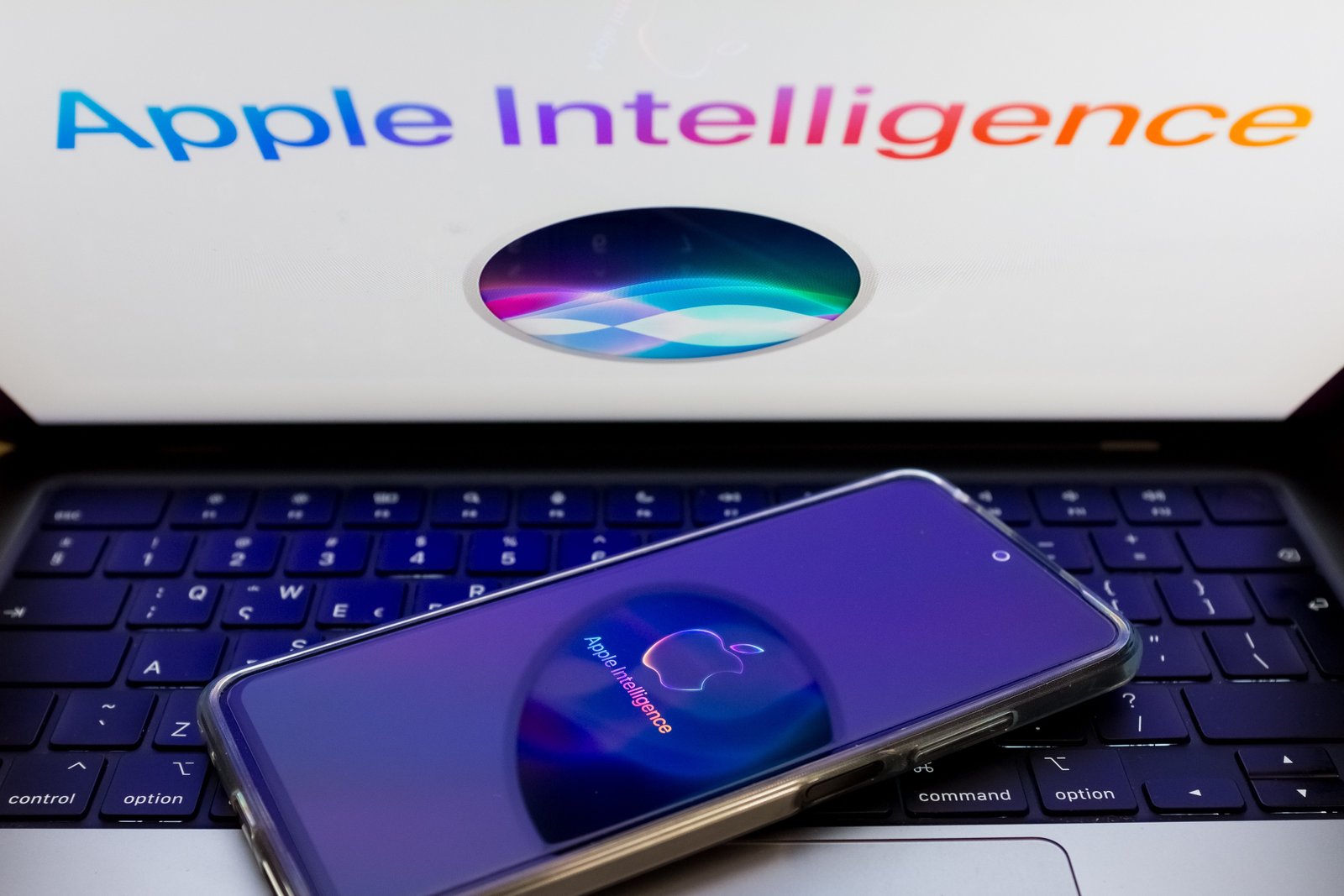 Smartphone displaying Siri interface alongside digital assistant graphics