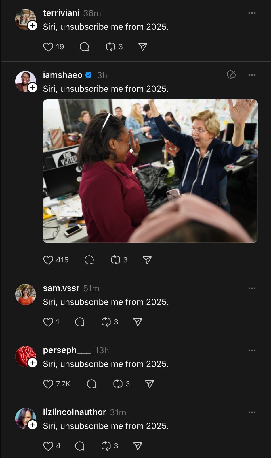 Screenshot showing repeated 'Alexa, unsubscribe me from 2025' posts on Threads