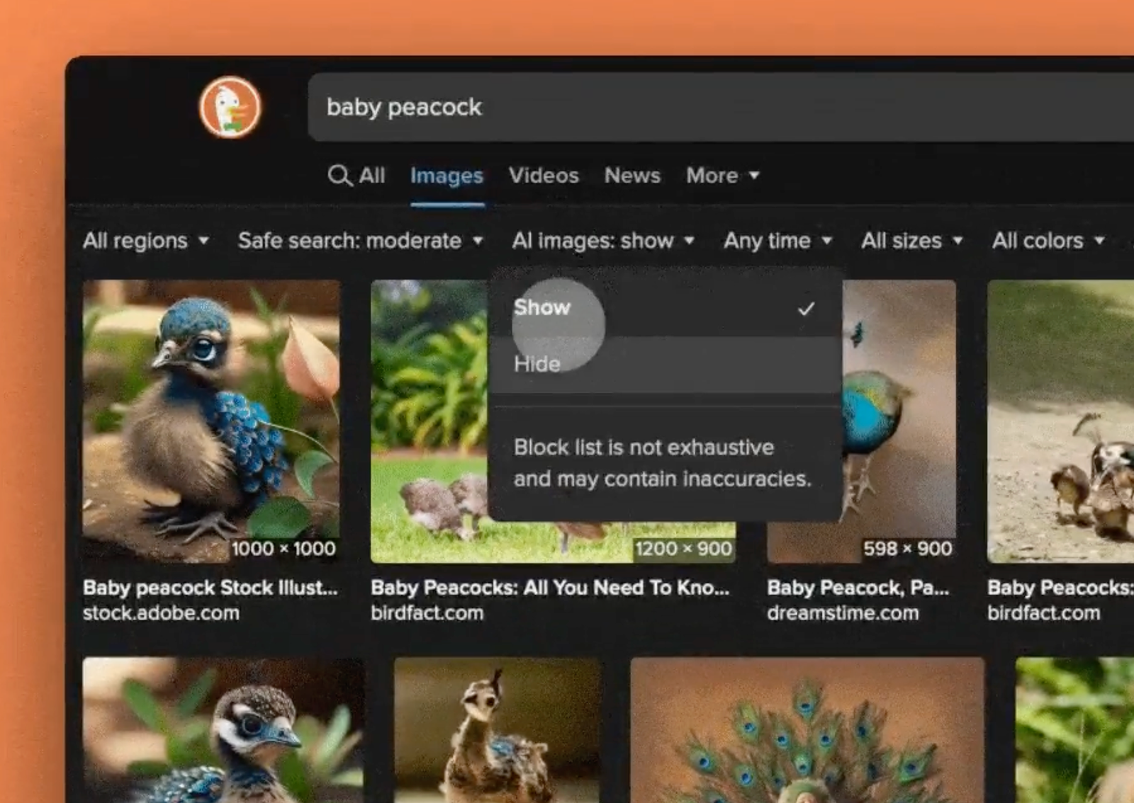 Screenshot of DuckDuckGo's interface showing the toggle for filtering AI-generated images in image search results.