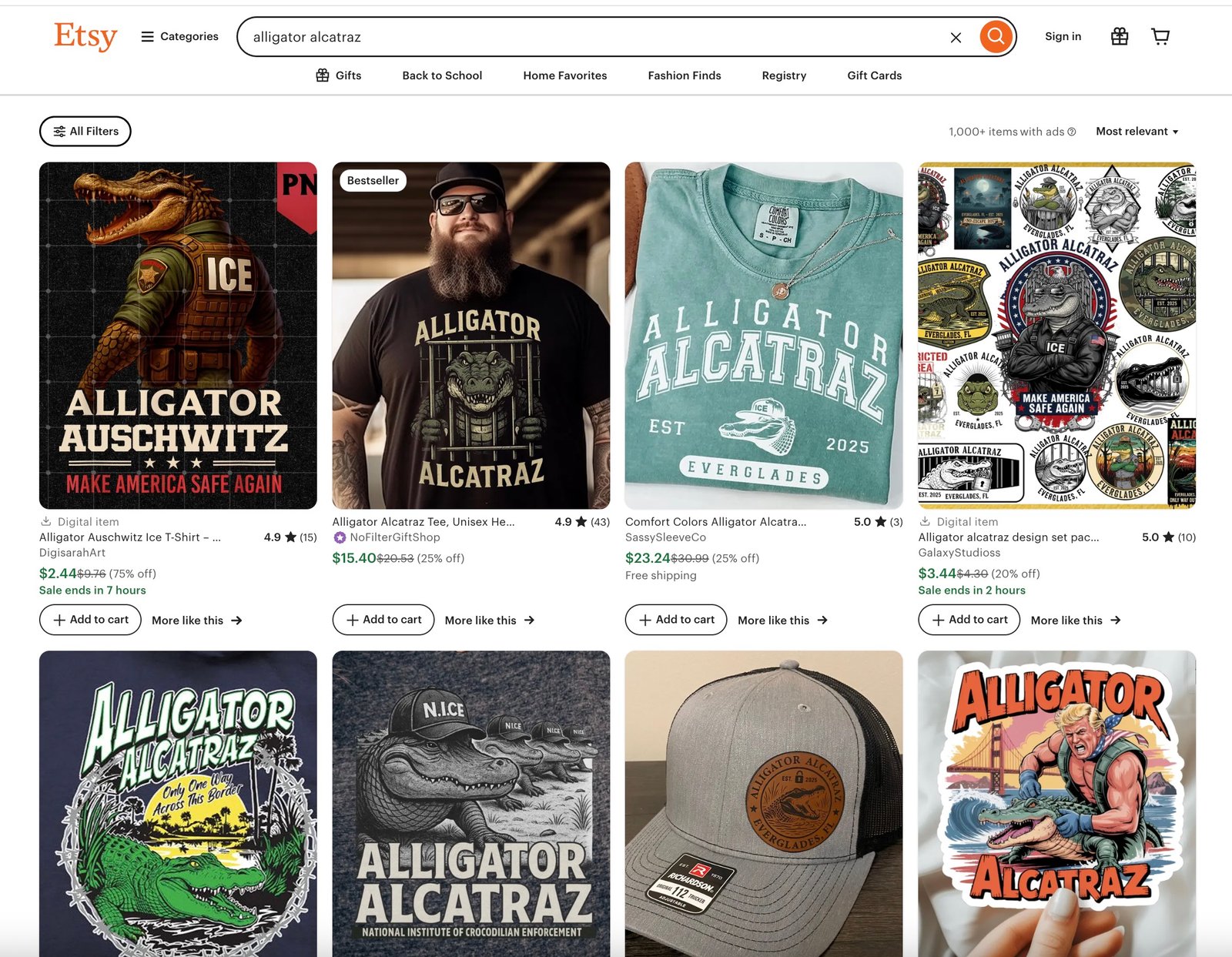 Etsy Alligator Alcatraz merchandise listings