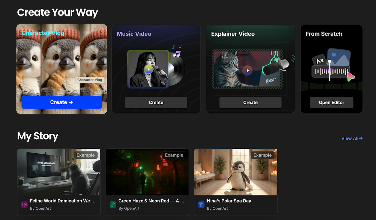 OpenArt One-Click Story interface