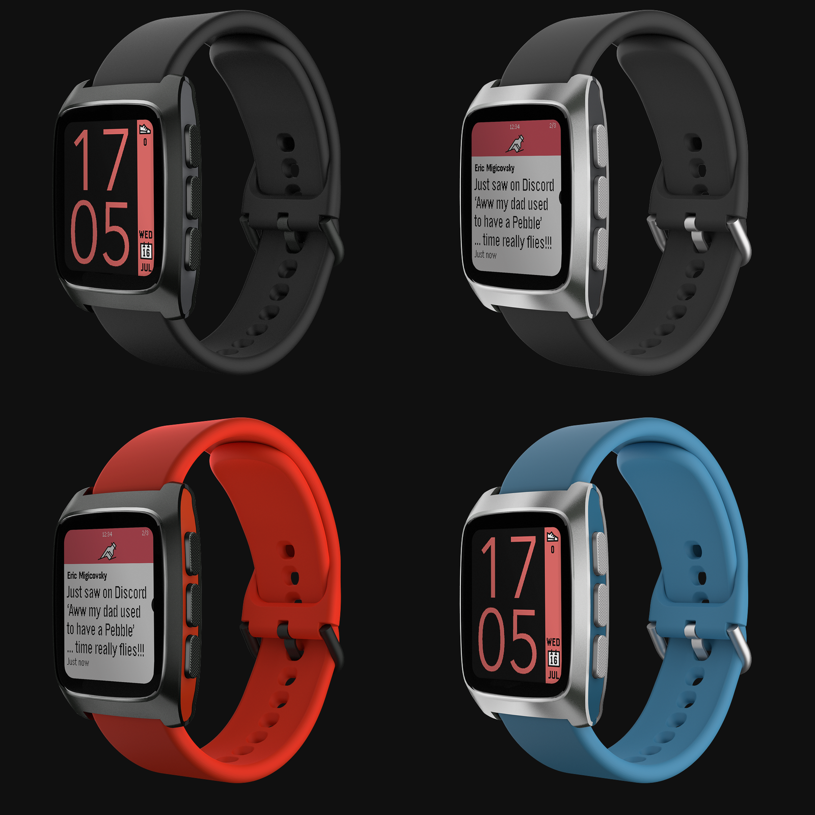Four pebble watches featuring black, gray, red, and blue bands.