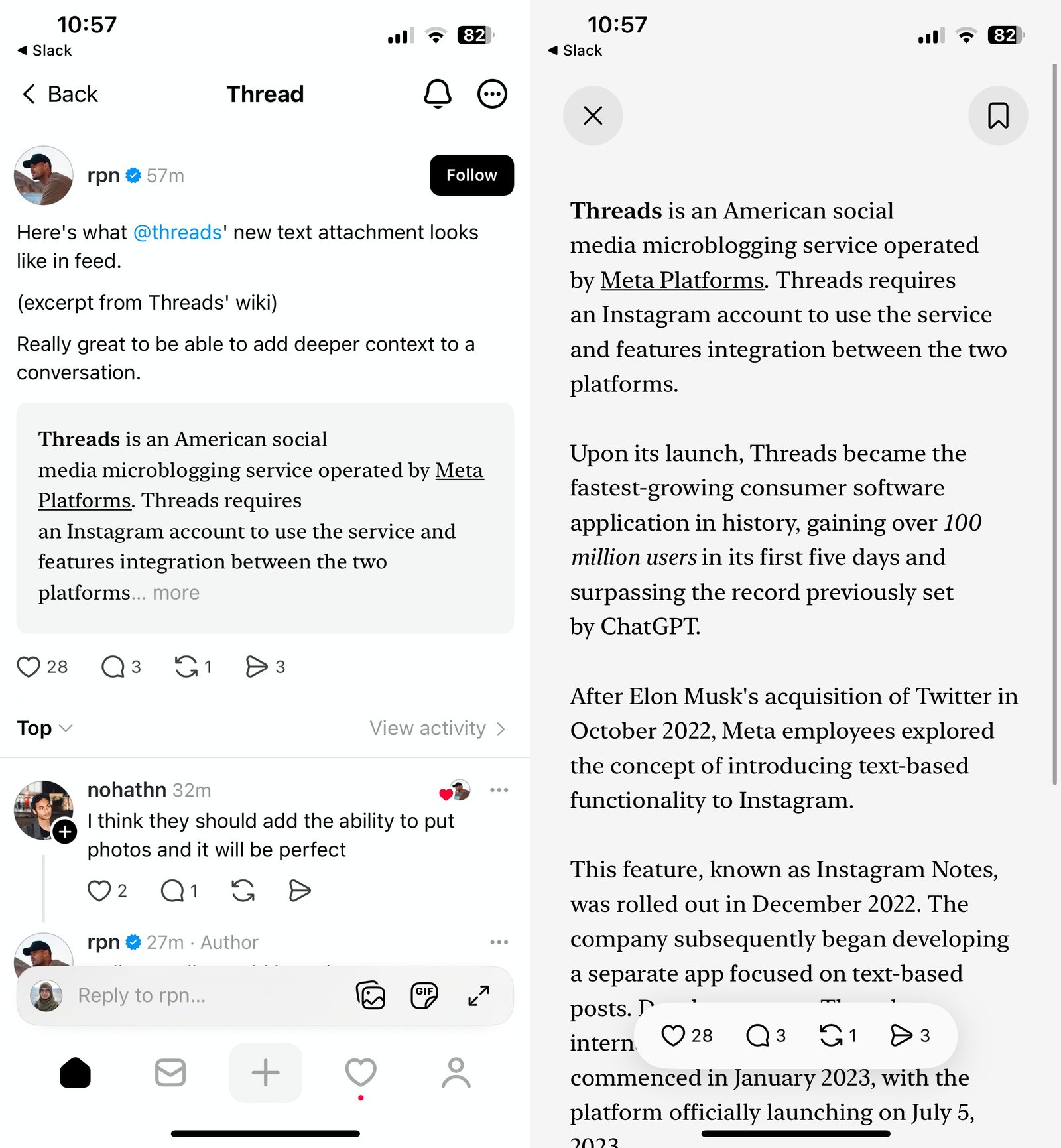 Screenshot showing long-form text attached in Threads post