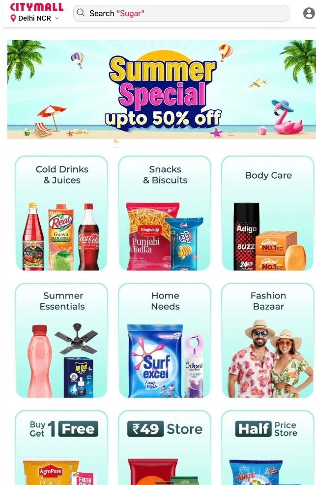 Screenshot showing categories available on Citymall's grocery delivery website