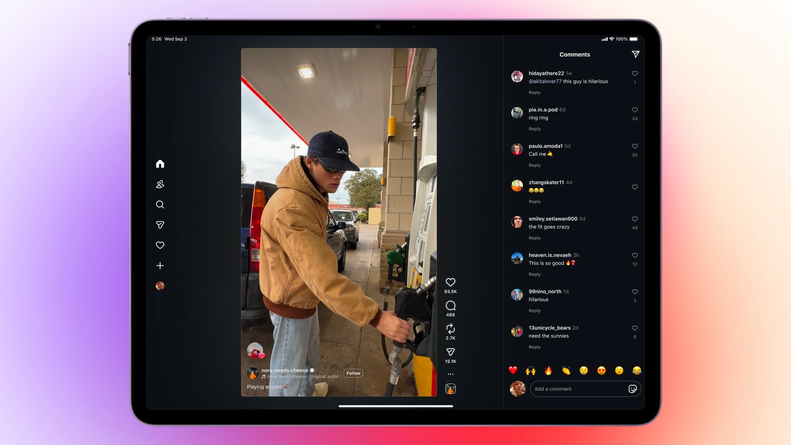 Instagram's native app running on an iPad showing Reel playback with side comments.