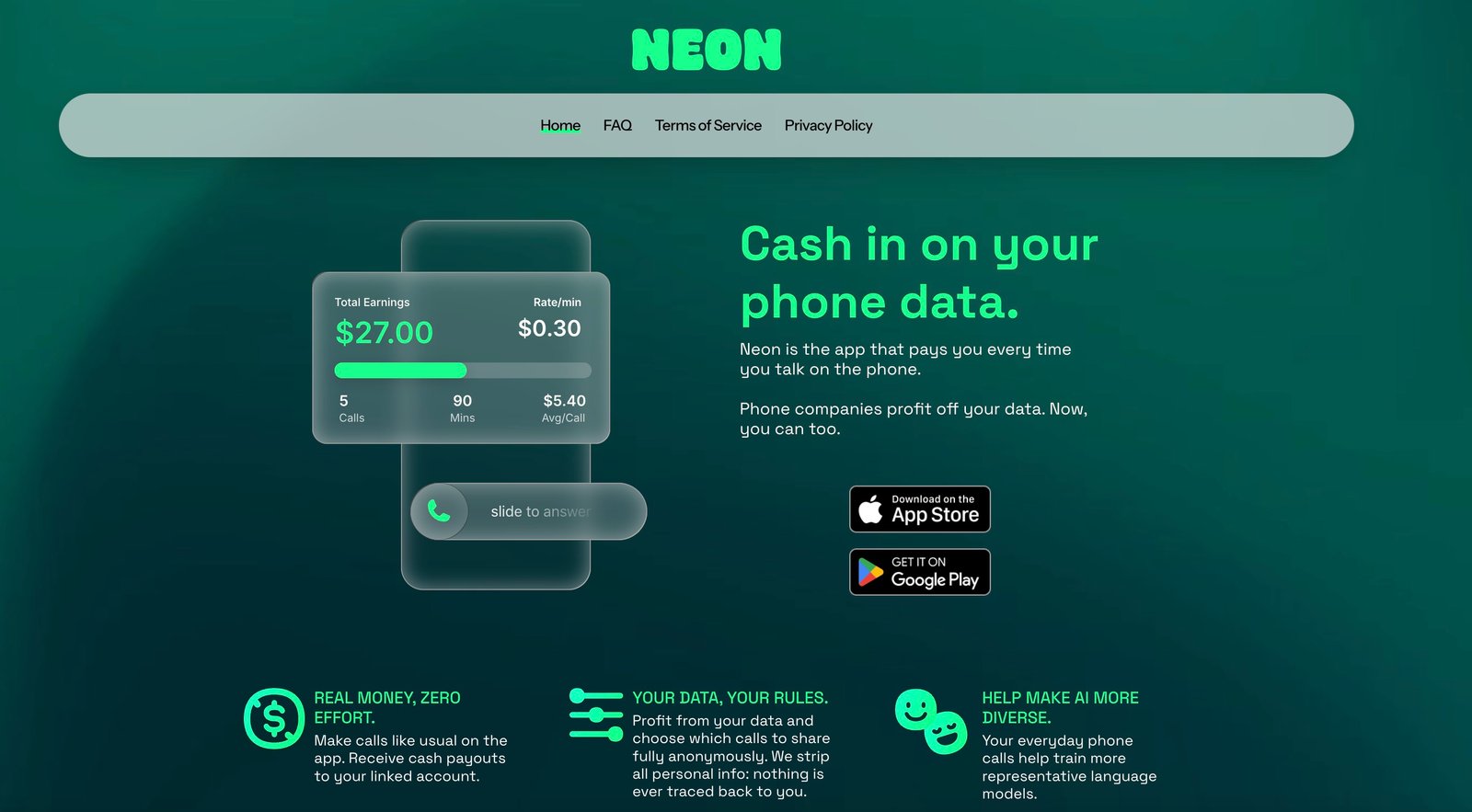 Screenshot of neon Mobile's website