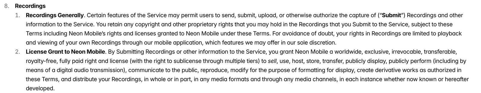 excerpt from Neon's privacy policy detailing license grant