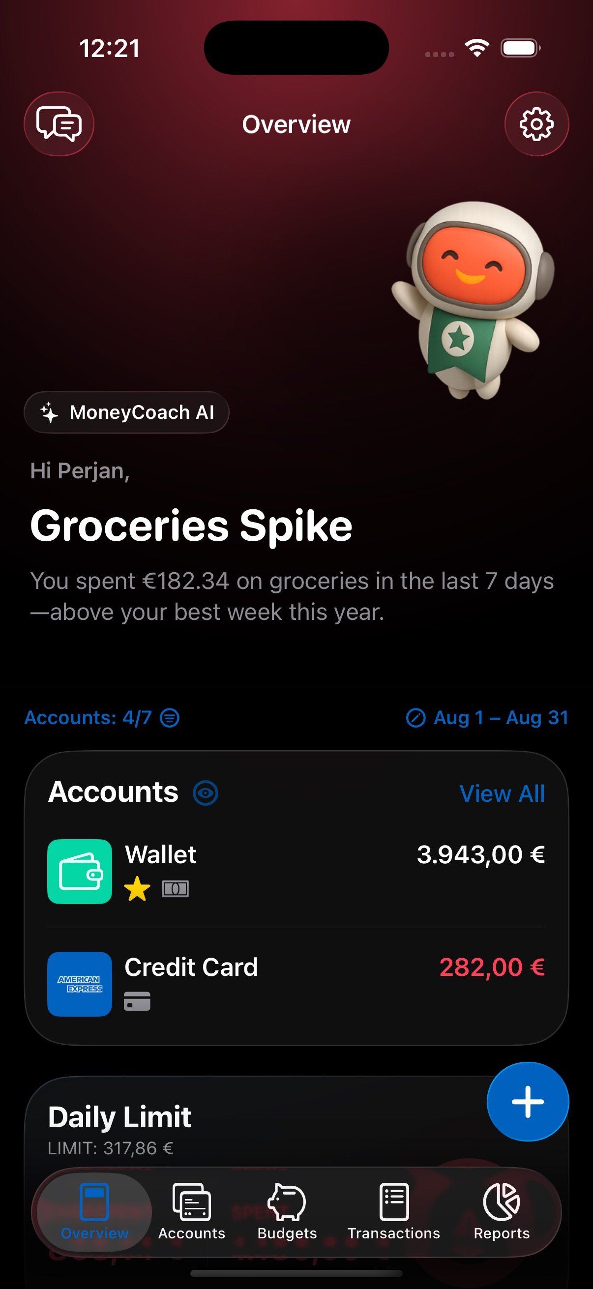 MoneyWise app displaying weekly grocery spending insights