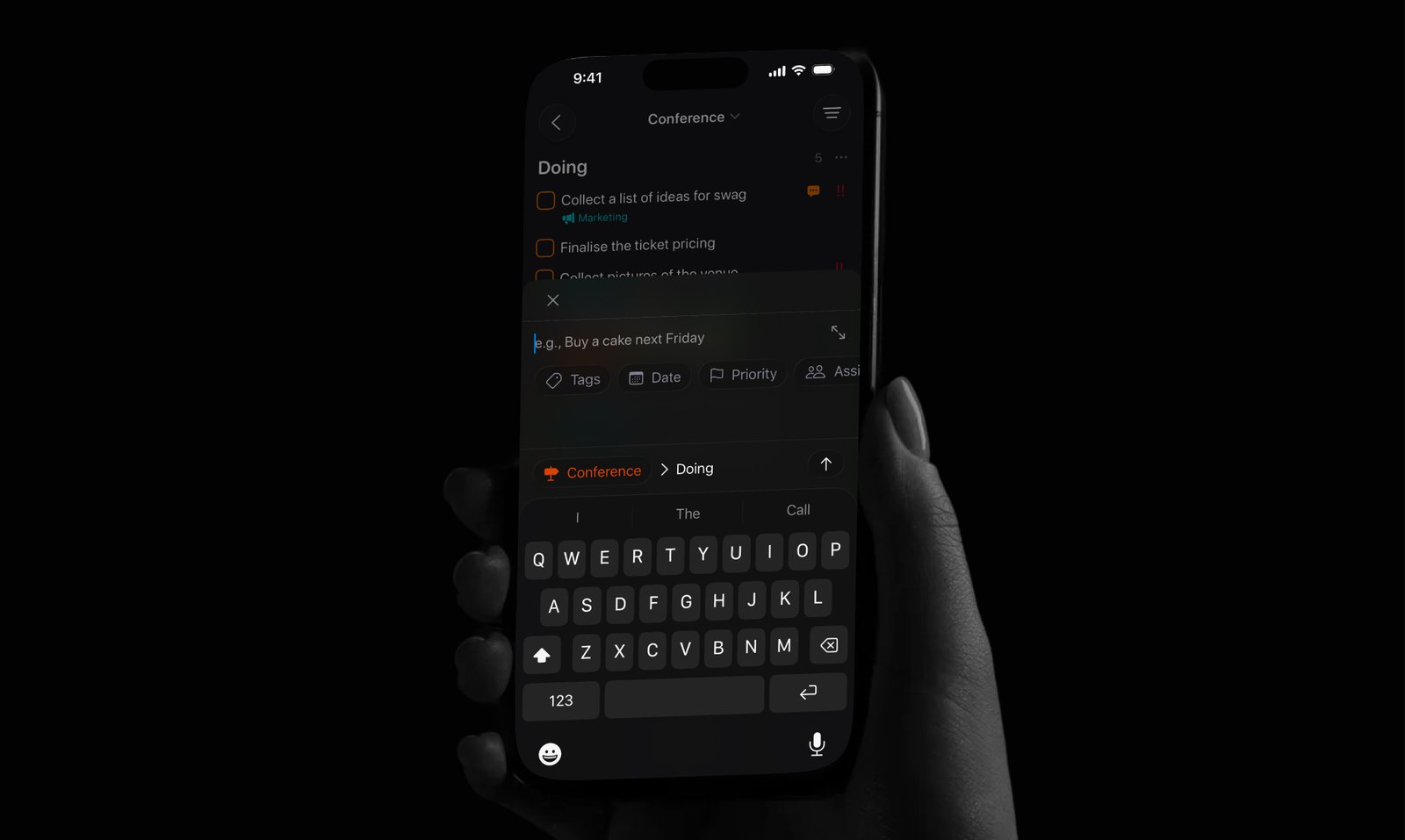 TaskFlow app screen demonstrating tag suggestions via local AI model.