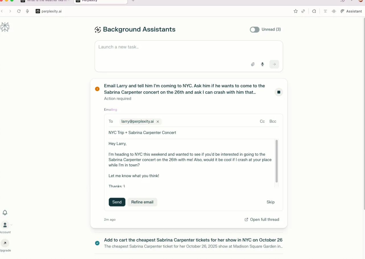 Perplexity background assistant multitasking
