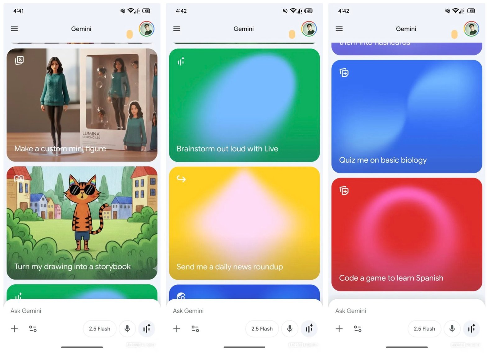 Gemini's new scrollable home screen featuring vibrant backgrounds and suggested prompts