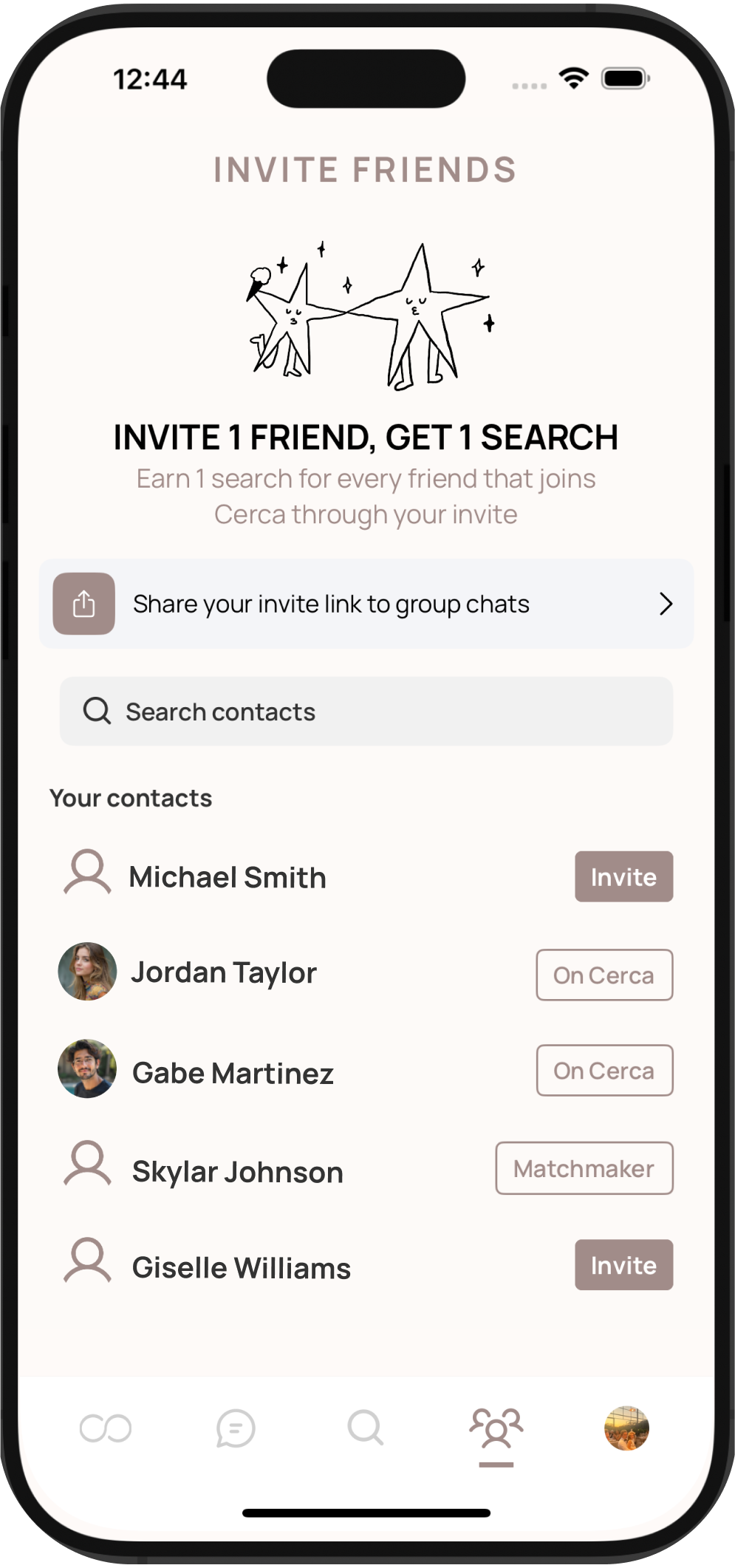 Cerca app interface showing social circle matches