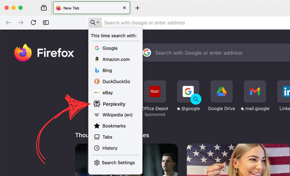 Mozilla Firefox interface showing Perplexity integration