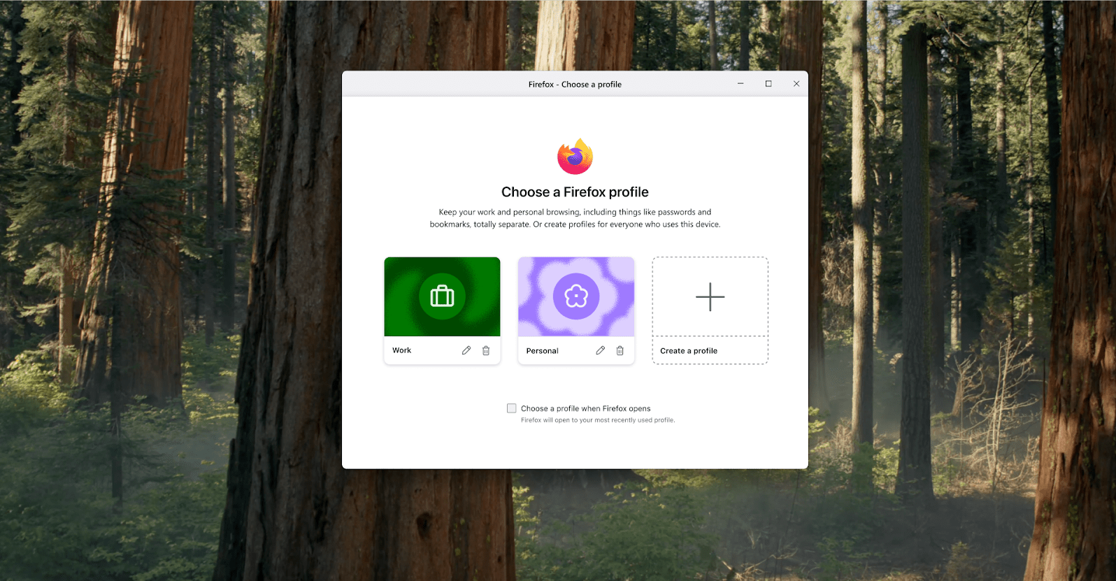 Firefox profile management interface