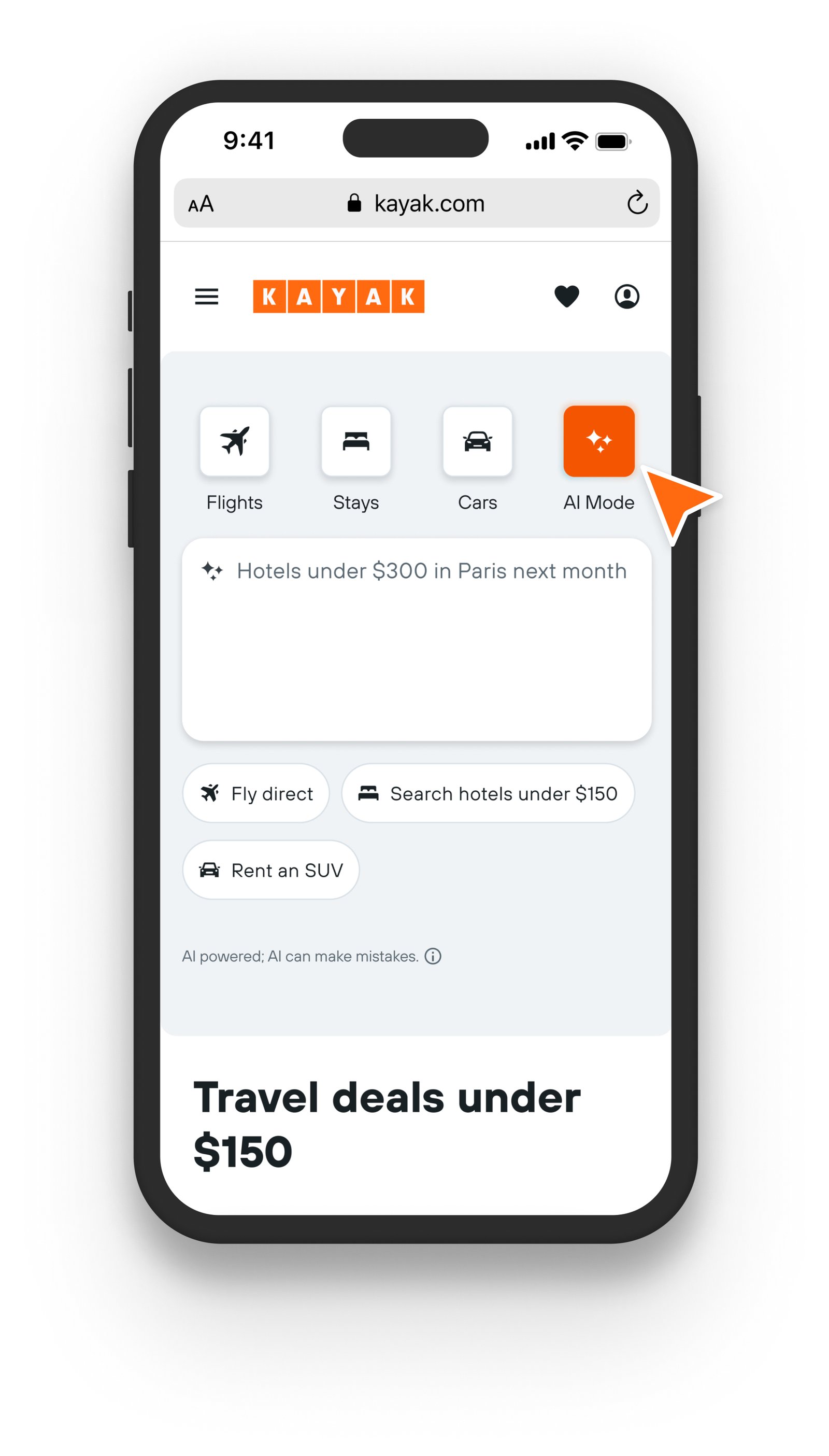 Screenshot showing Kayak's new 'AI Mode' interface displayed on a smartphone