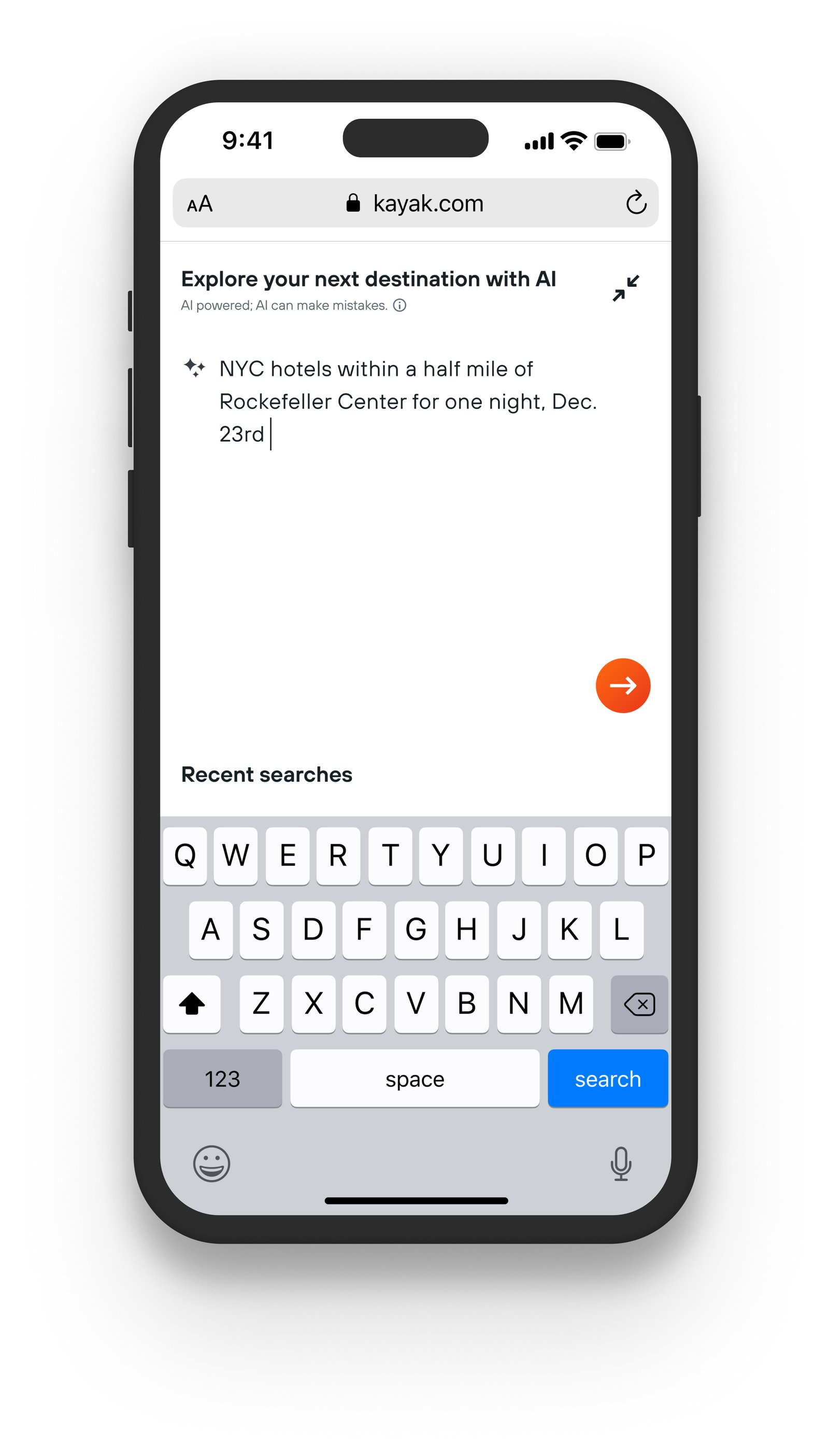 Another view of the 'AI Mode' feature integrated within Kayak.com