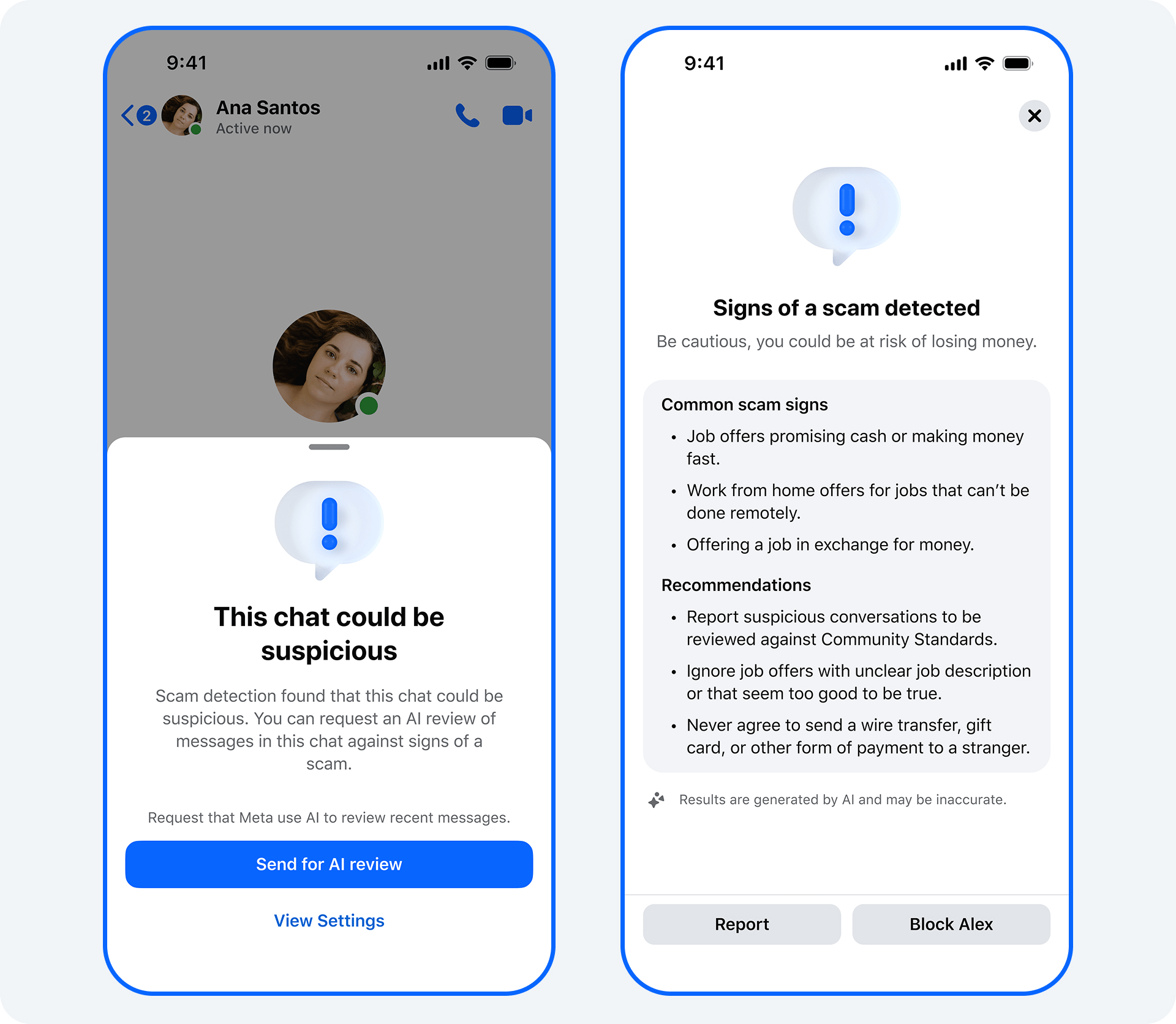 Messenger scam warning interface