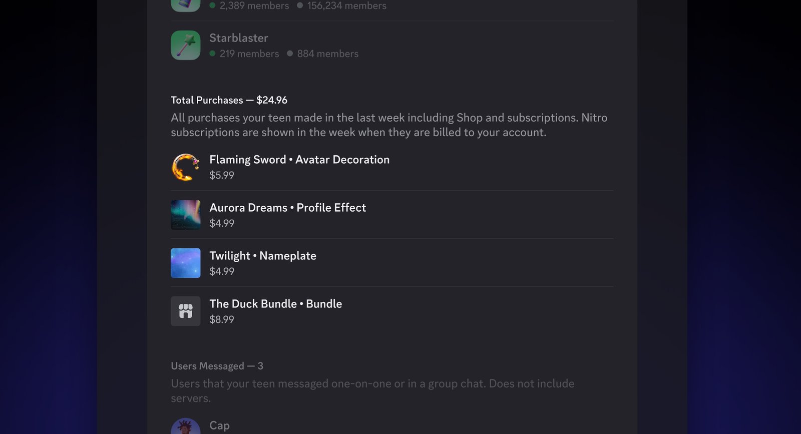 Discord app interface showing family center features