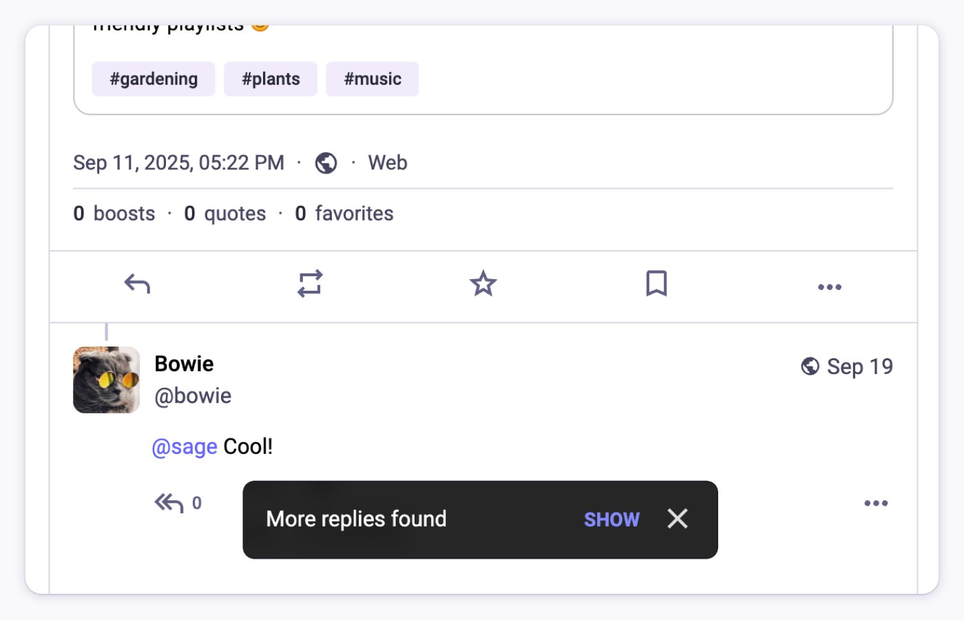 Notification indicating additional replies found related to a quoted post