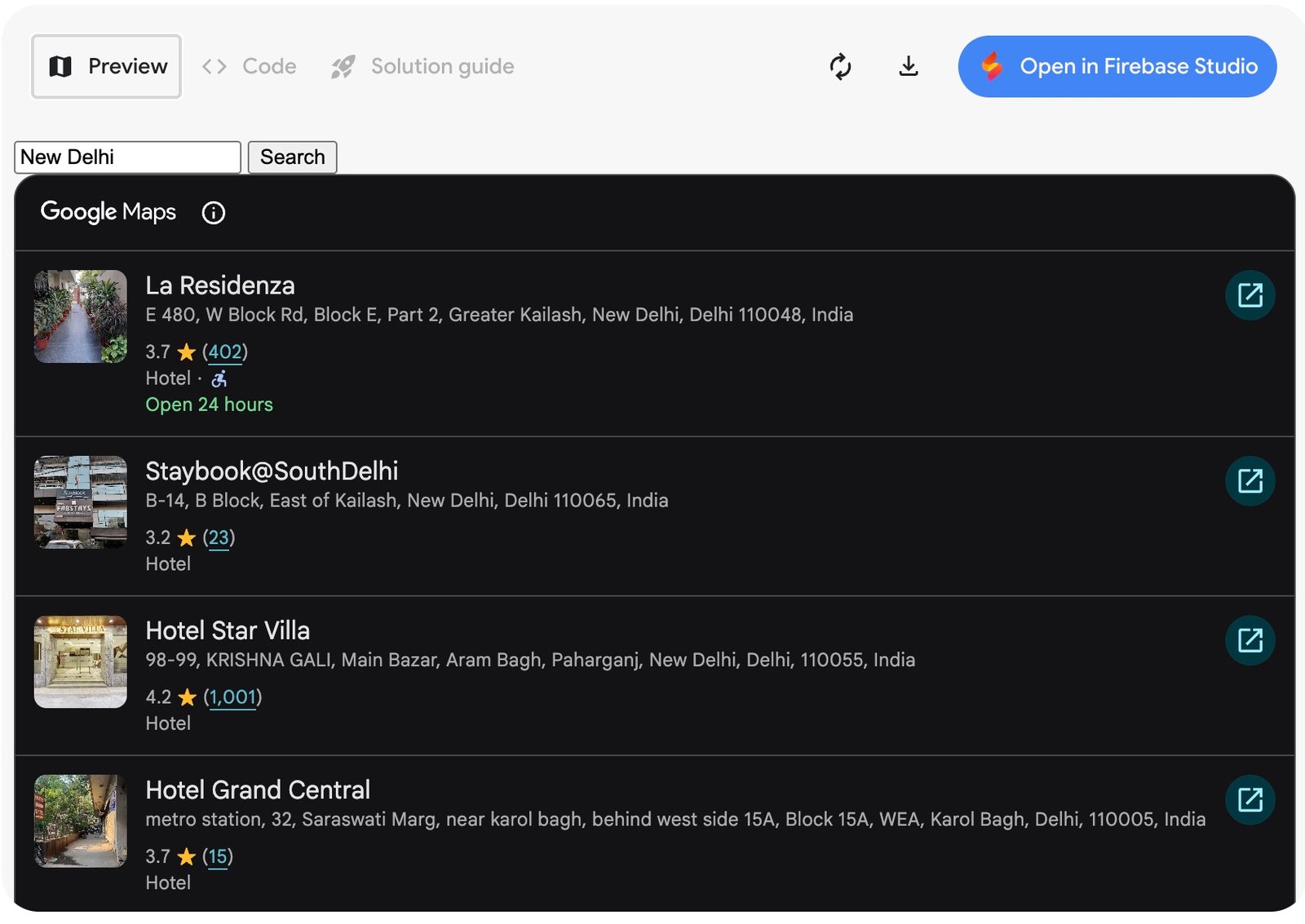 Example of an interactive Google Map prototype