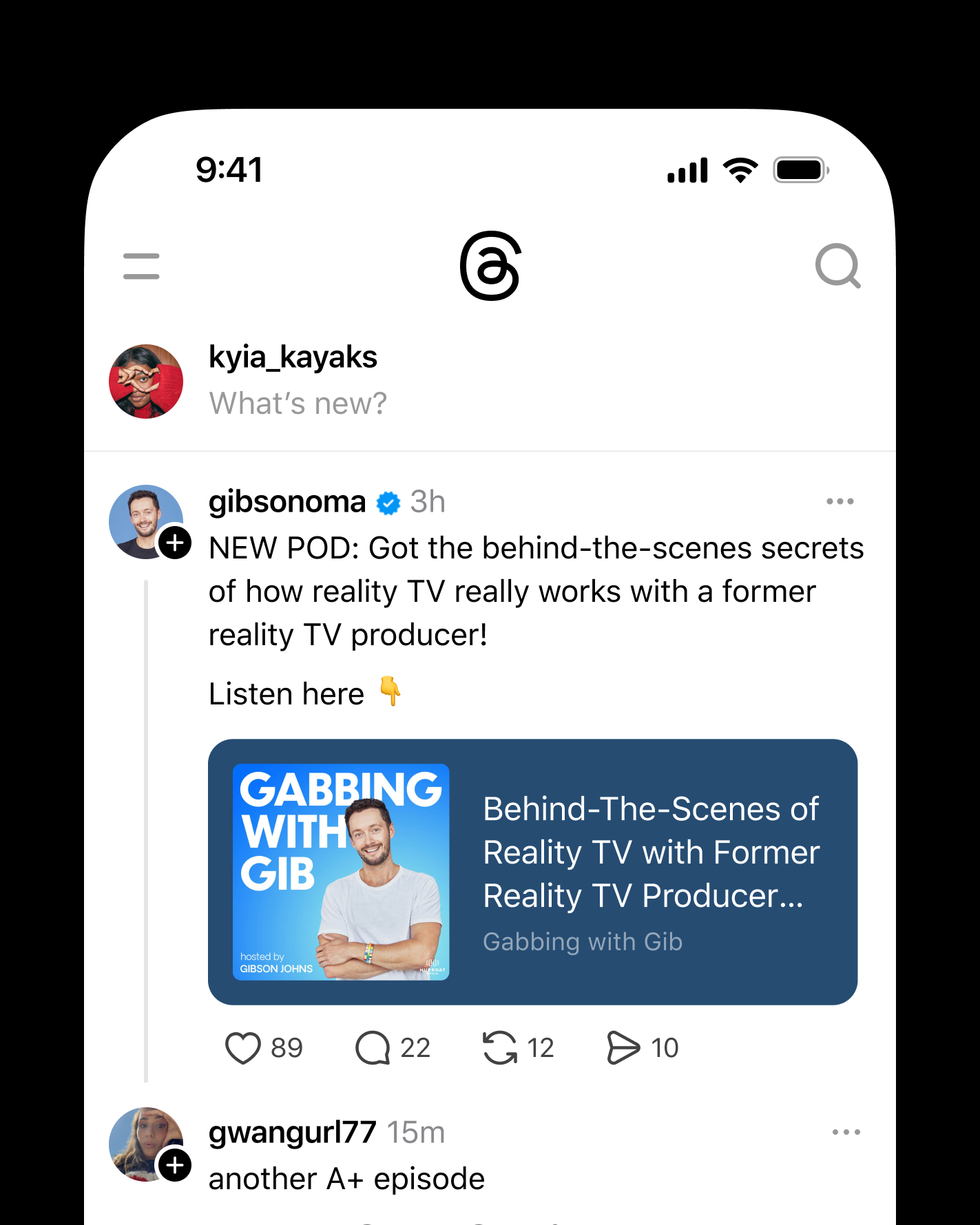 Threads app interface showcasing podcast features