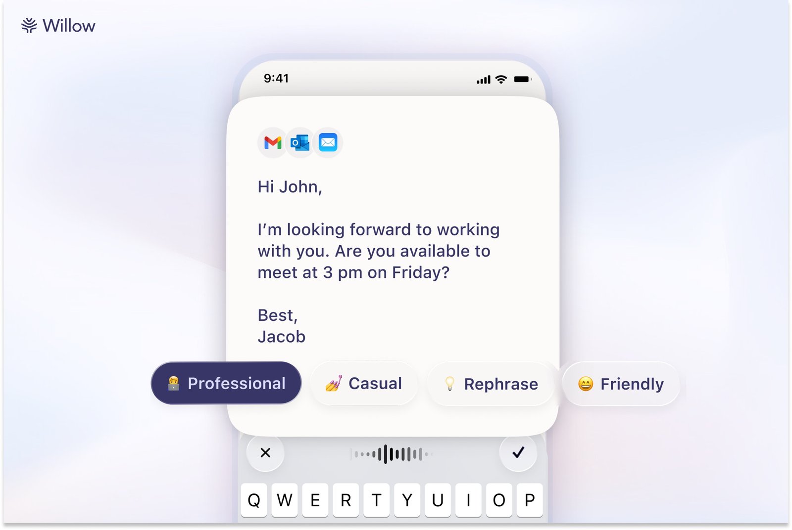 Willow AI voice dictation app interface