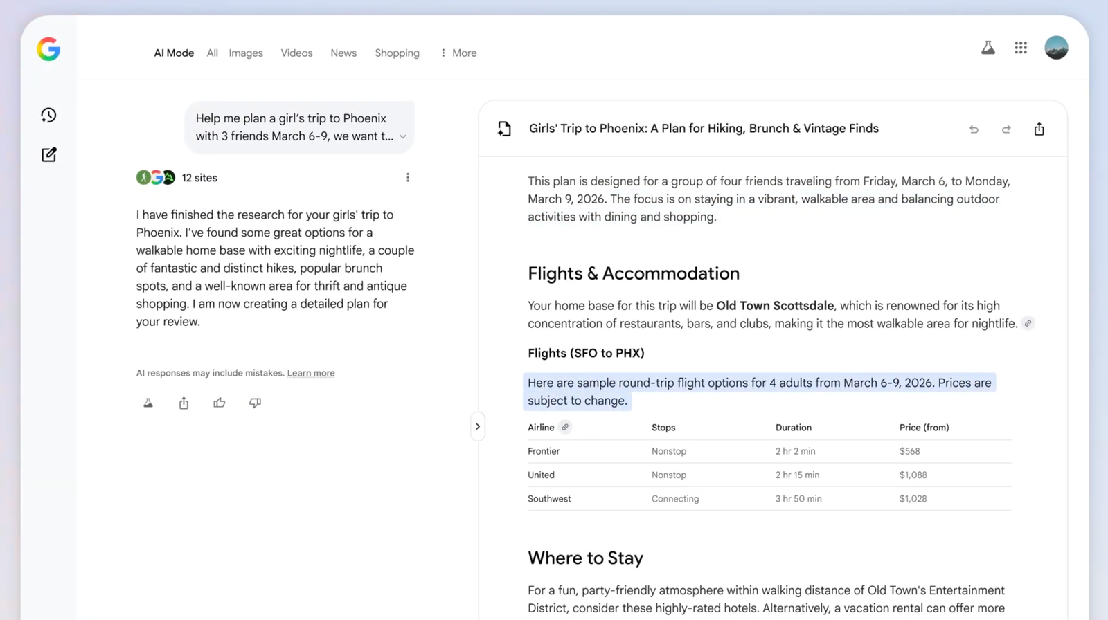 Screenshot showing Google's Canvas travel planning interface