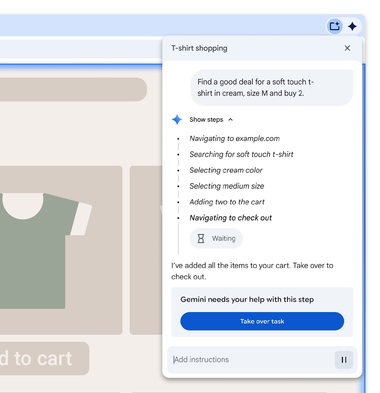 Chrome's agent requesting‌ user approval‍ before completing a purchase.