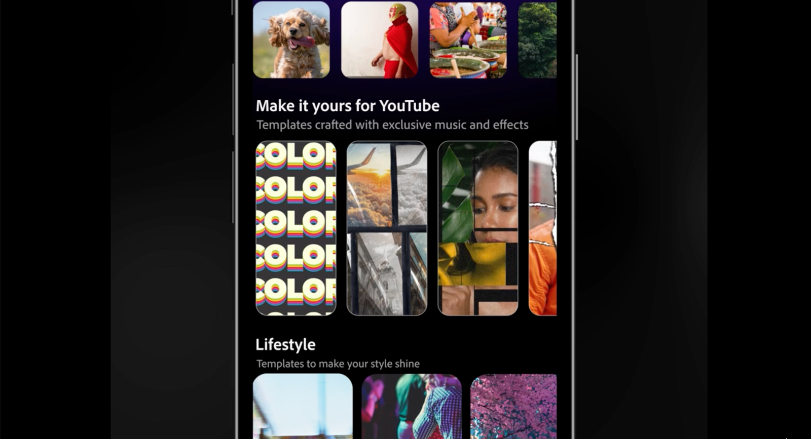 Adobe Premiere Mobile interface showcasing YouTube Shorts editing tools