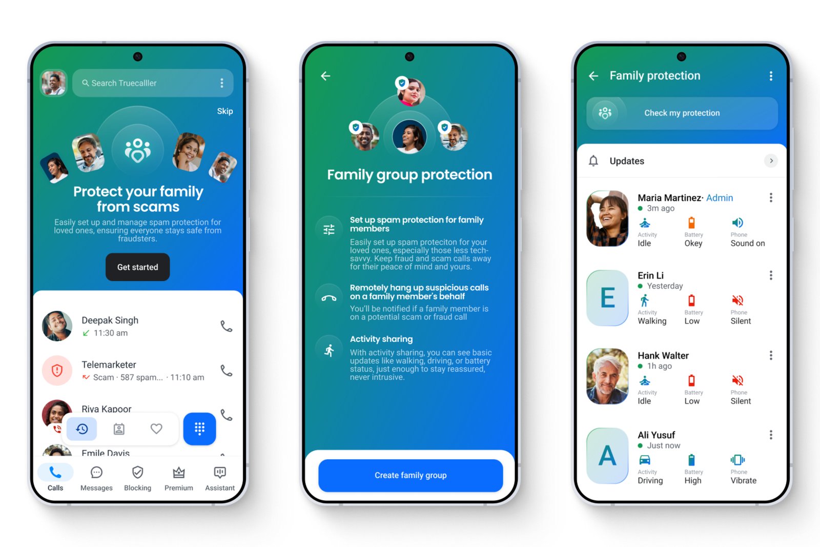 Truecaller app interface showing family protection features
