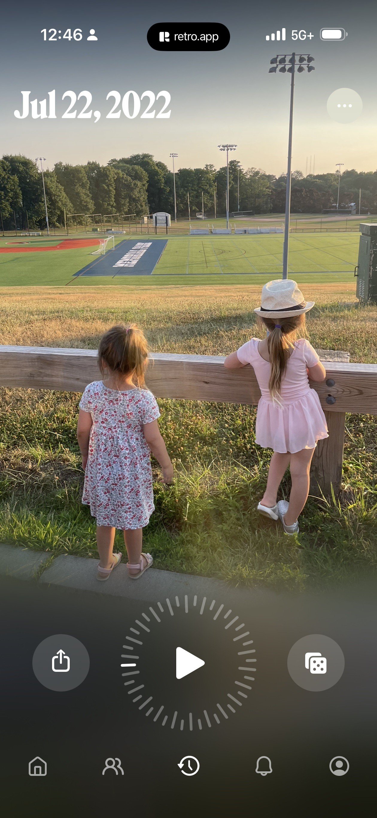 Retro mobile app showing friend-shared photos timeline