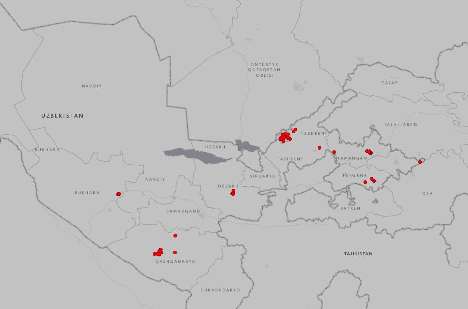 map showing numerous red markers indicating locations of license plate readers throughout Uzbekistan.