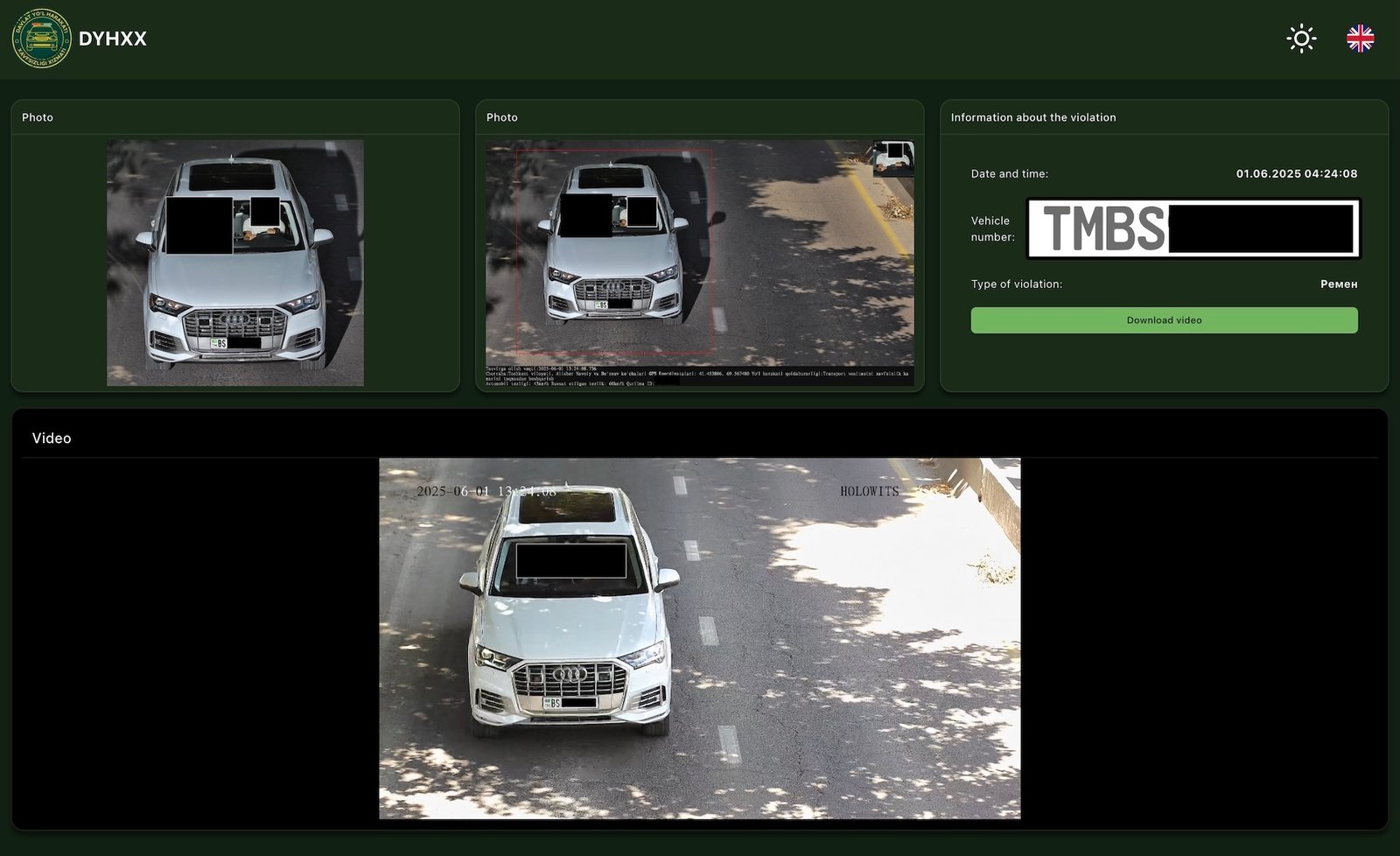 Screenshot showing Uzbek web dashboard identifying vehicles committing traffic violations.