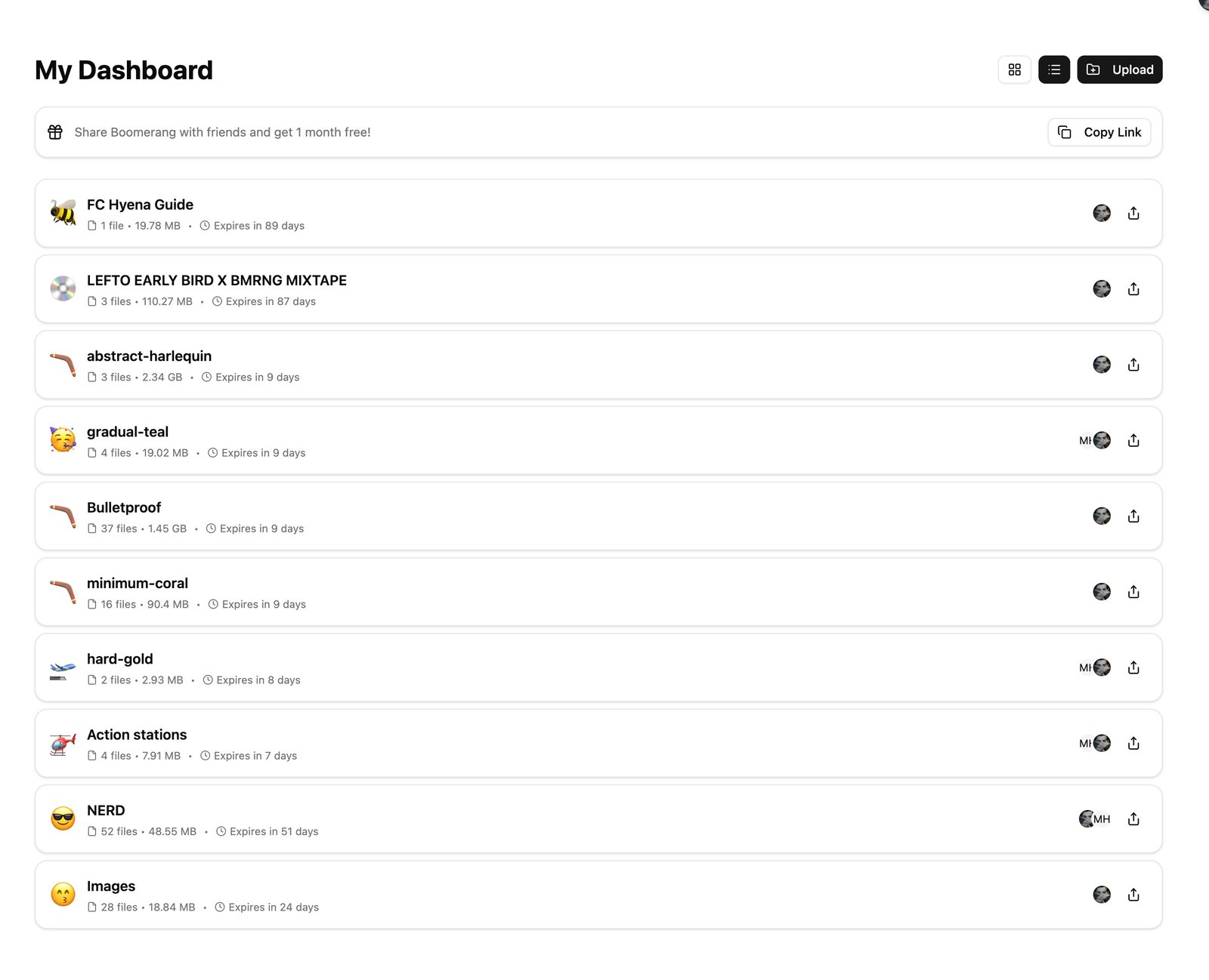 Boomerang file sharing interface