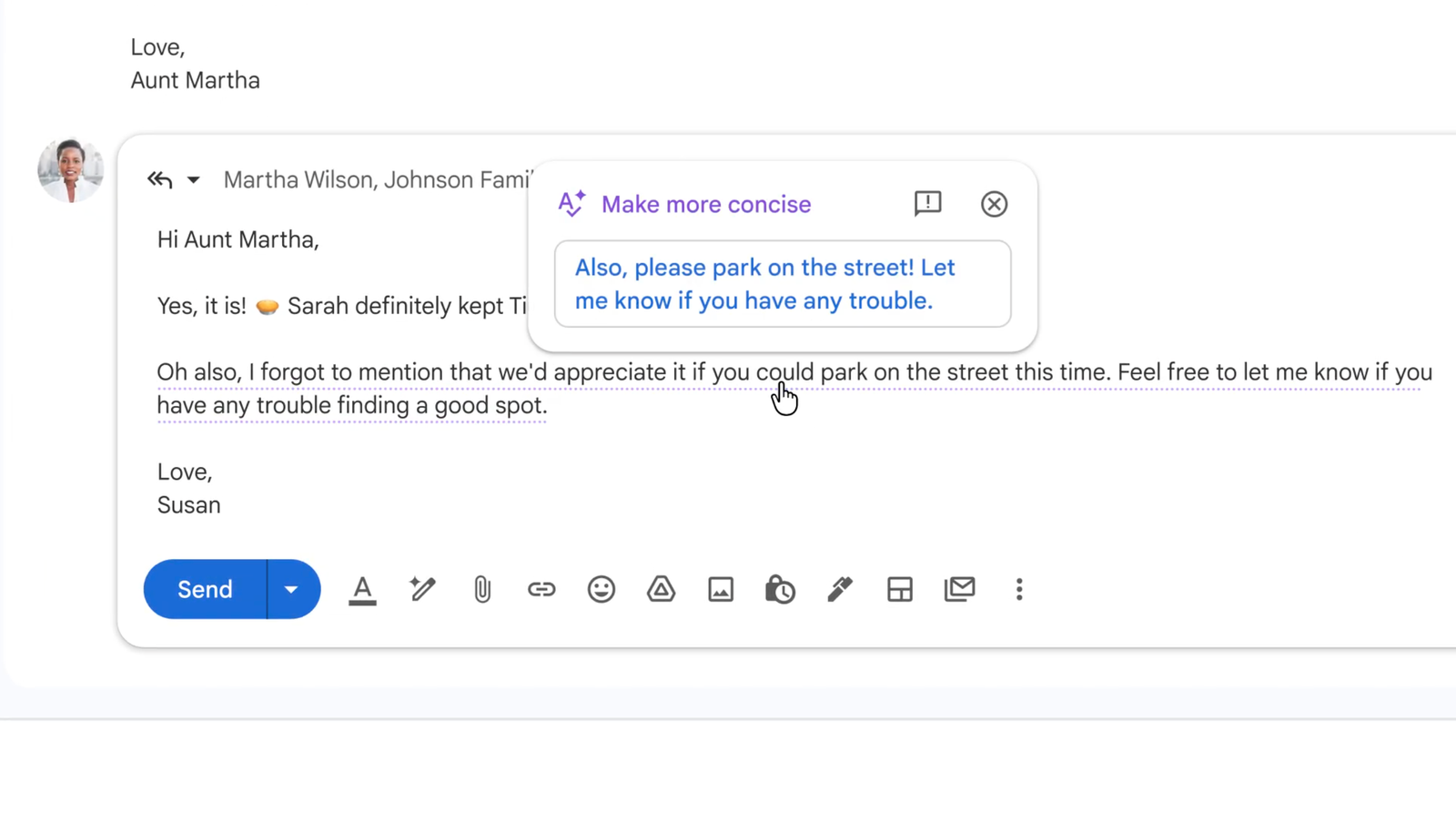 Example illustrating Proofread suggestions inside Gmail