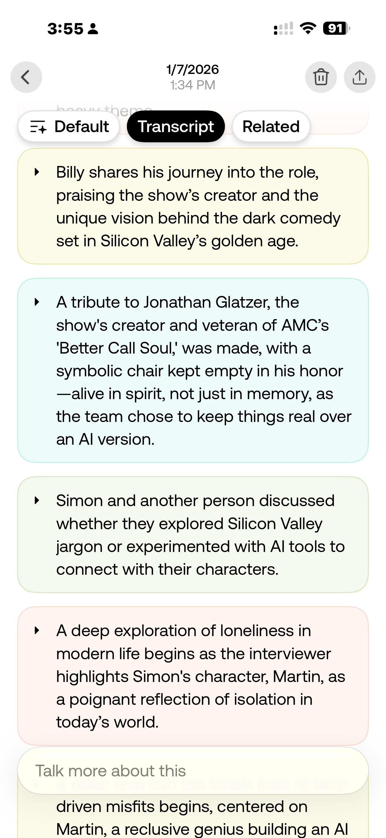 Bee app interface showing segmented conversation