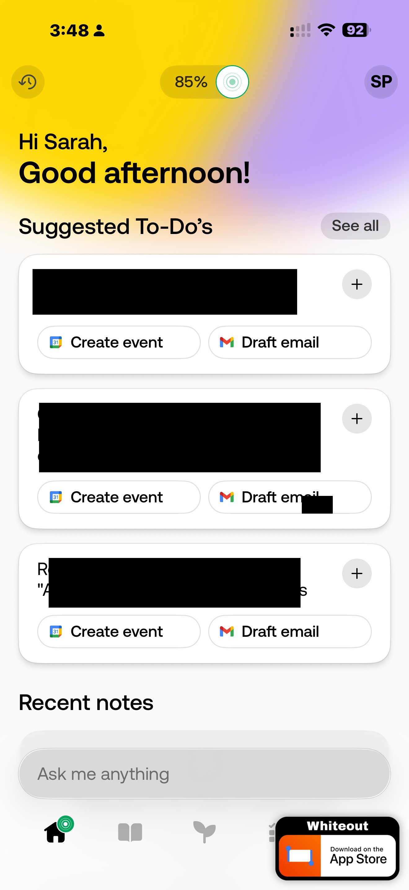Bee app showing redacted personal data