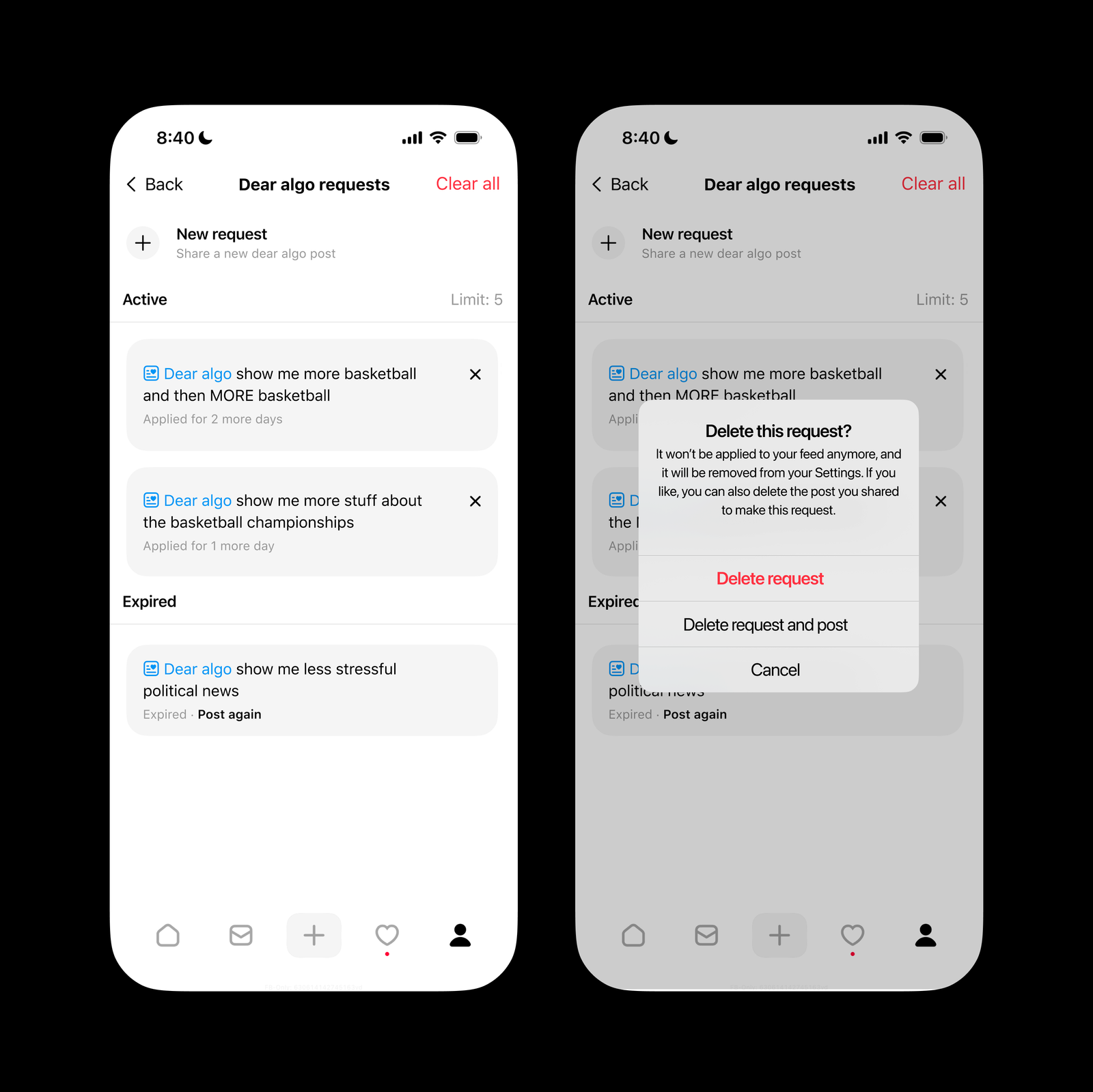 User interacting with Dear Algo on Threads app
