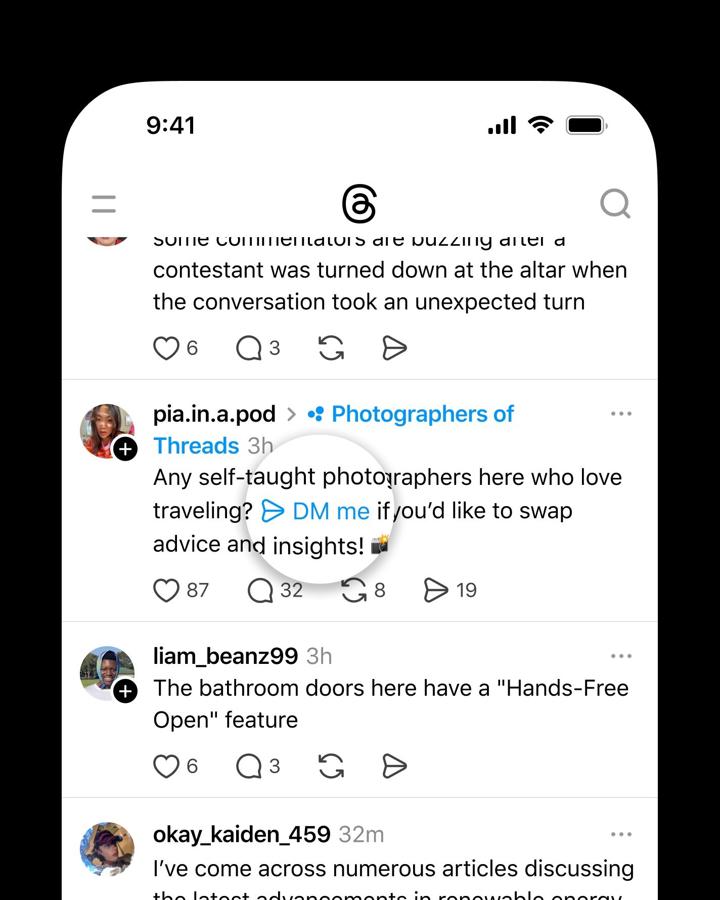 Threads app interface showcasing new DM shortcut