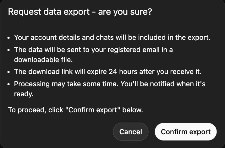 Screenshot showing export options within an AI assistant settings menu