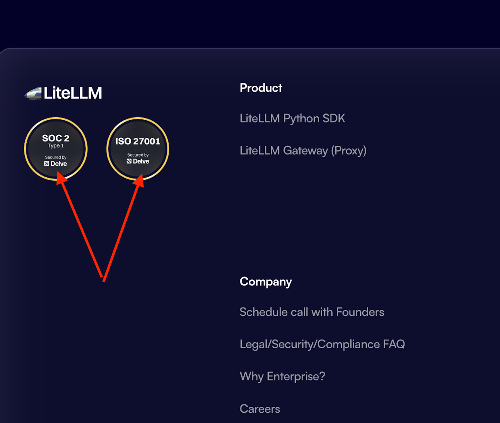LiteLLM website displaying security certification badge
