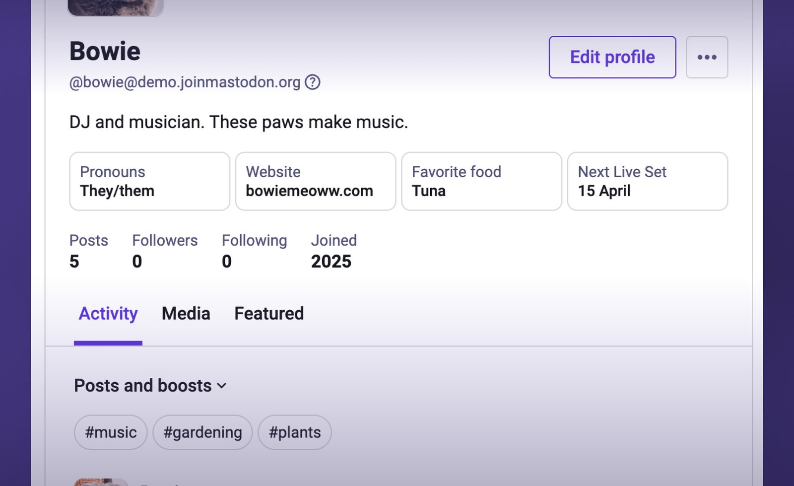 Mastodon updated profile interface showing activity tab filters