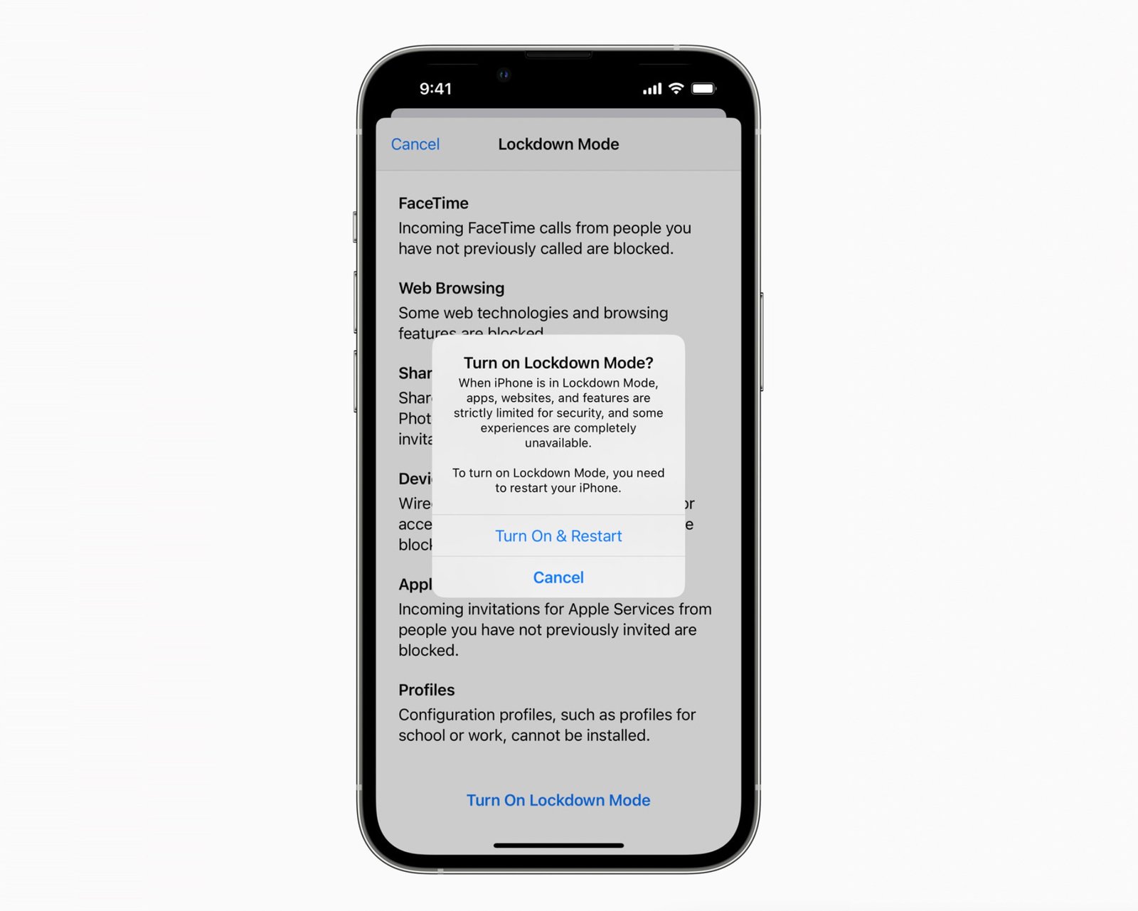 iOS interface displaying Apple's Lockdown Mode