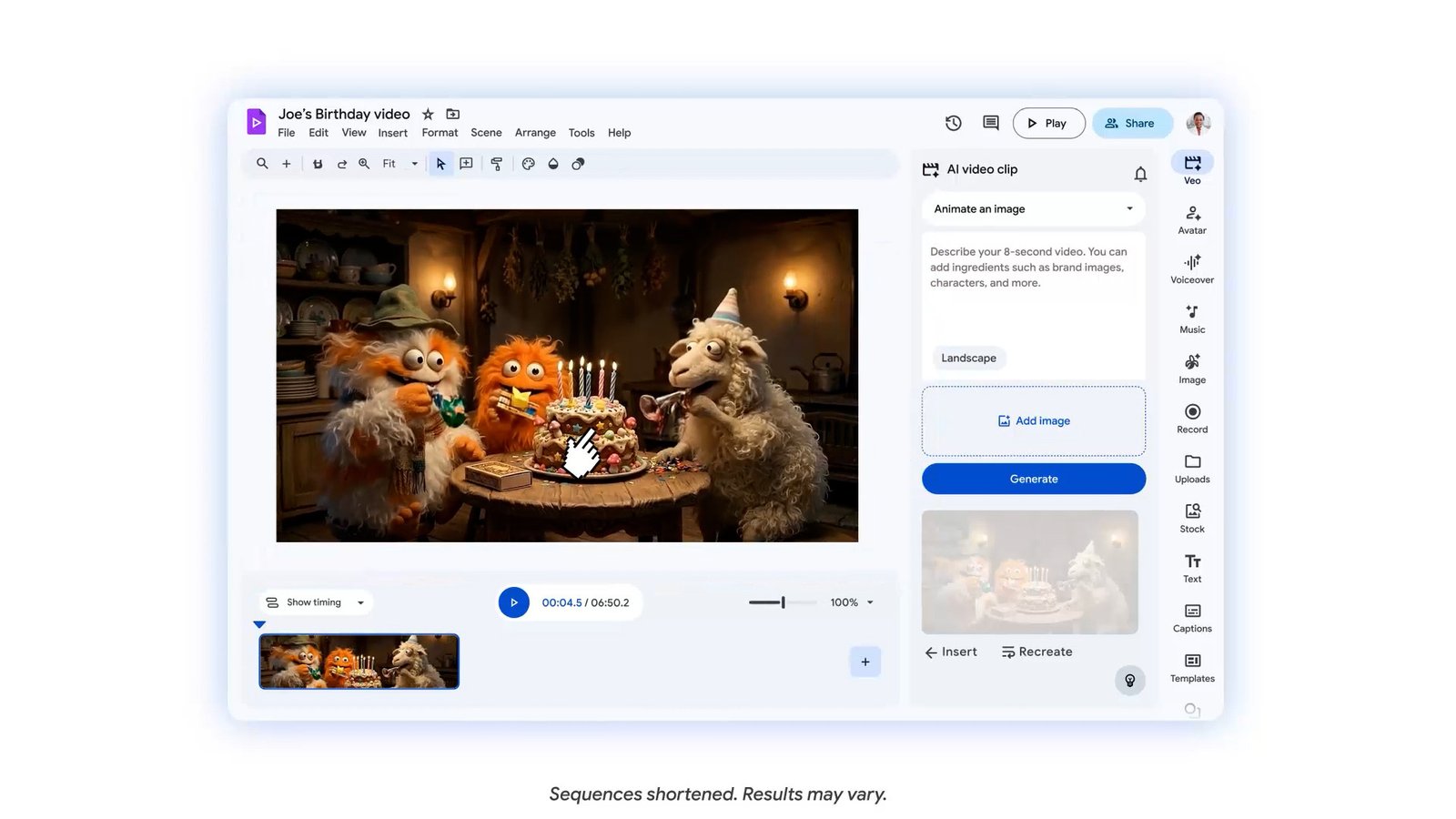 Screenshot showing google Vids interface with avatar customization options