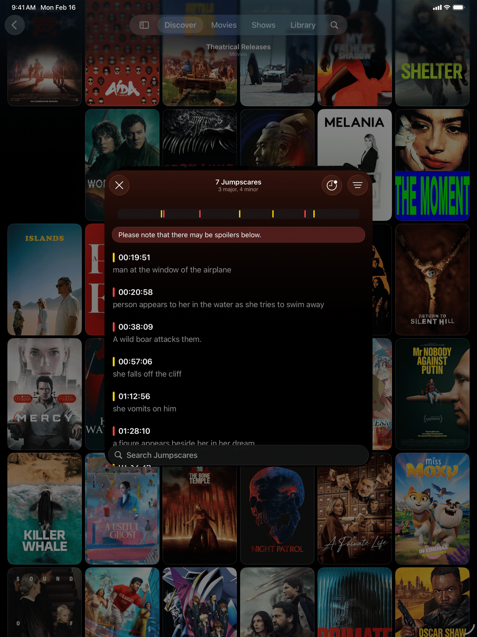 Binge app interface showing jump scare notifications